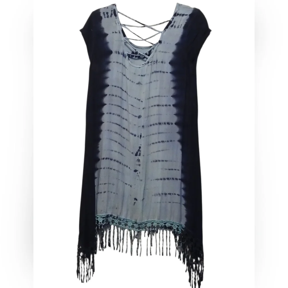 Blue Island - NWOT Hi/Lo Tie-Dye Beach Dress W/Crochet Fringe, Criss Cross Back - Picture 5 of 13